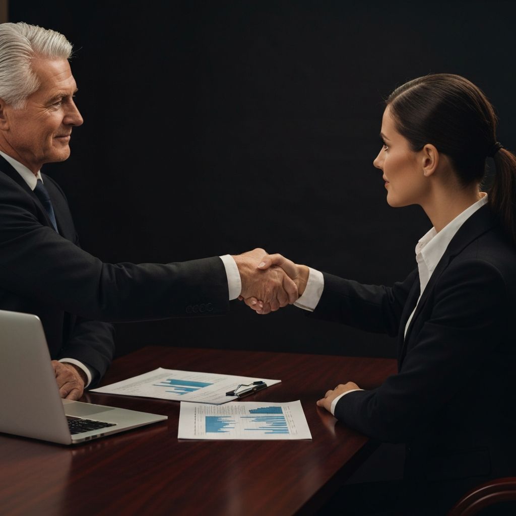 Business deal handshake with financial documents